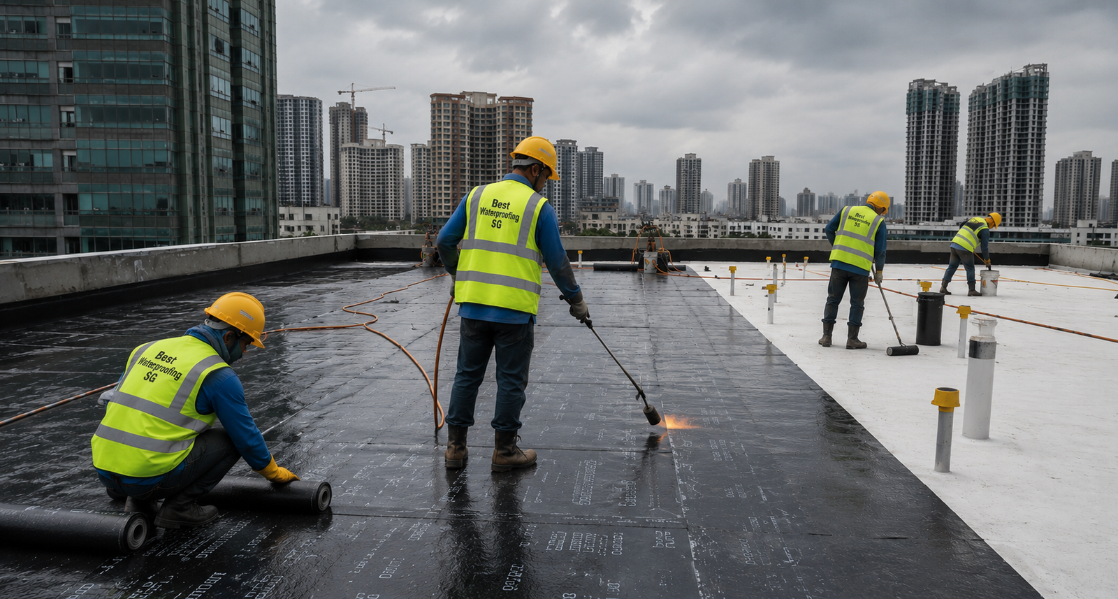 Best Waterproofing SG team applying torch-on membrane roof waterproofing Singapore